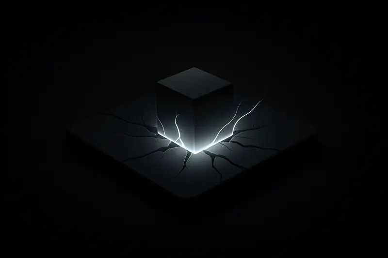 A dark background with a neon teal cube rising upward, shattering a thin glass ceiling into sharp glowing fragments.