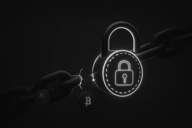 On a black background, a neon padlock grips a broken chain of glowing coin-shaped links, with faint grid circuitry behind.