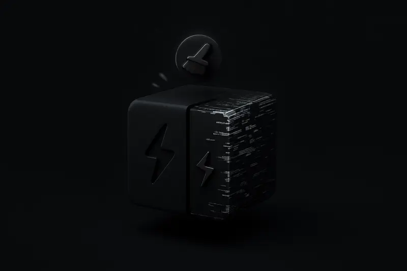A dark block-like cube split in two, one side sleek and polished, the other pixelated with a glowing embedded image fragment.