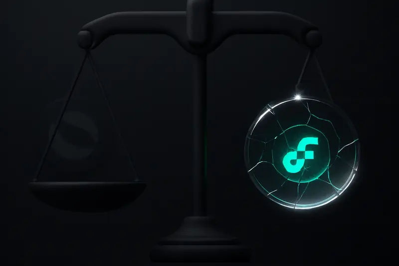 A luminous teal coin sealed inside cracked glass, hovering above dark metallic scales on a black, smoky background.