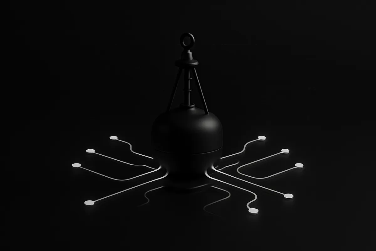 Black background with a floating dark glass buoy, anchored by thin chains to glowing blue circuit-like streams and droplets.