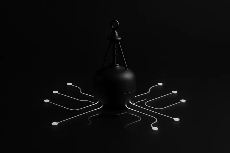 Black background with a floating dark glass buoy, anchored by thin chains to glowing blue circuit-like streams and droplets.