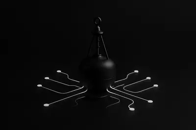 Black background with a floating dark glass buoy, anchored by thin chains to glowing blue circuit-like streams and droplets.