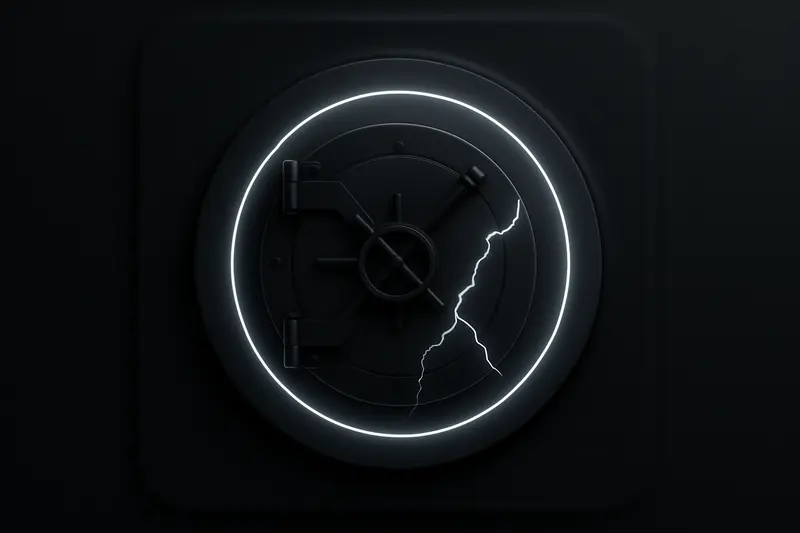 A dark metal vault split with neon light leaking out, encircled by a translucent ring of geometric symbols on black.