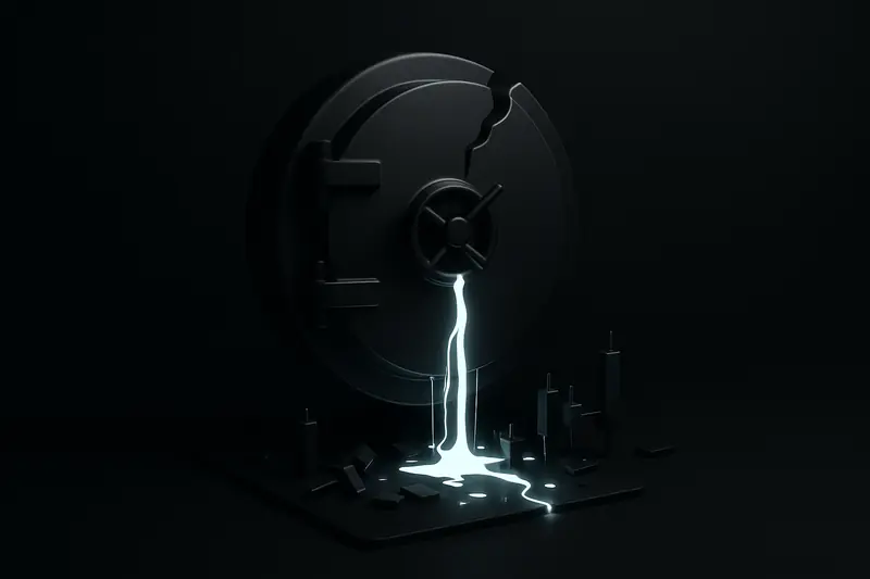 A dark steel vault door split open, neon liquid spilling onto broken candlestick-chart fragments against a black, moody background.