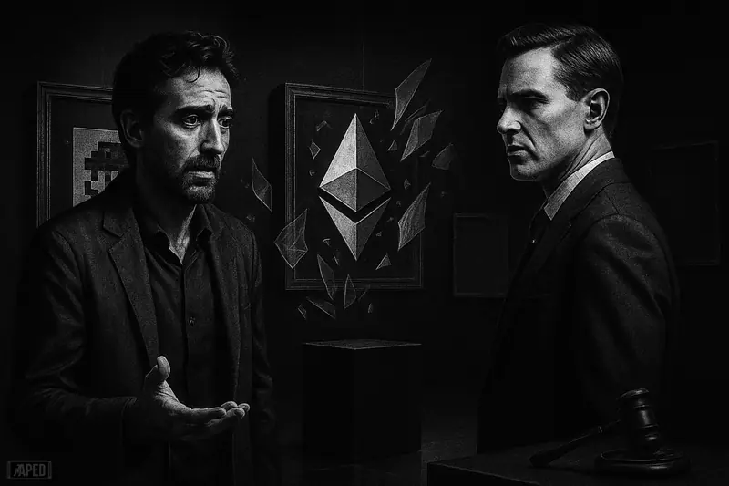 Two executive caricatures confront each other in a dark abandoned NFT gallery as digital artworks fade and the market atmosphere collapses.