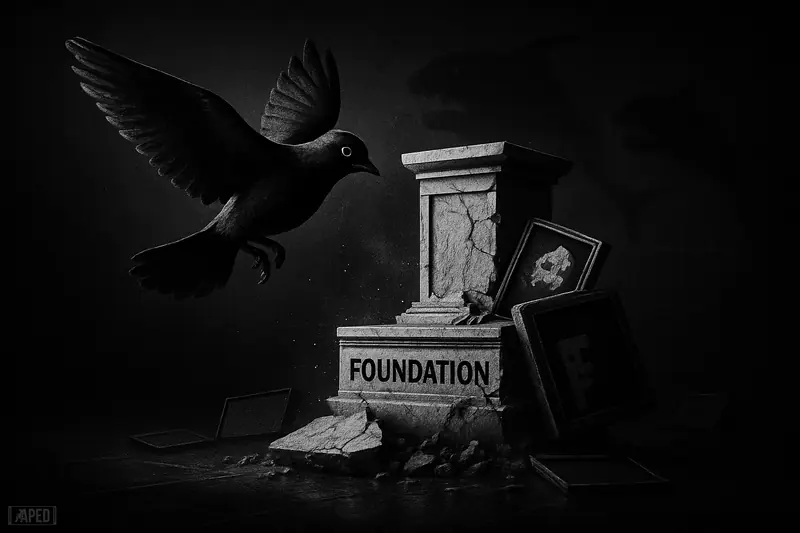A collapsing gallery pedestal and shattered NFT displays sit beneath a tense black dove retreating into a dark grid-lined void.