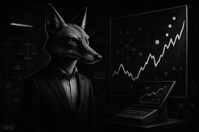 A sharp fox in a dark newsroom beside a futuristic market display, evoking prediction data entering mainstream media.