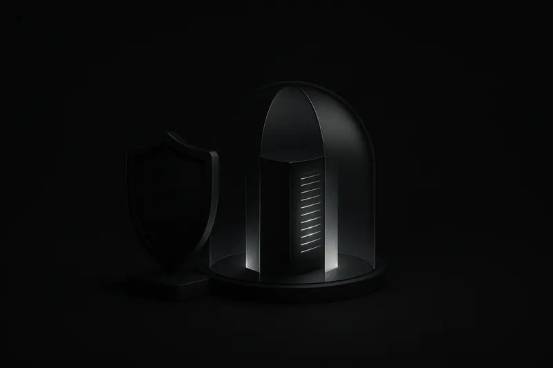 Glowing black server tower under a translucent blue-white-red glass dome, with faint circuitry lines on a dark background.