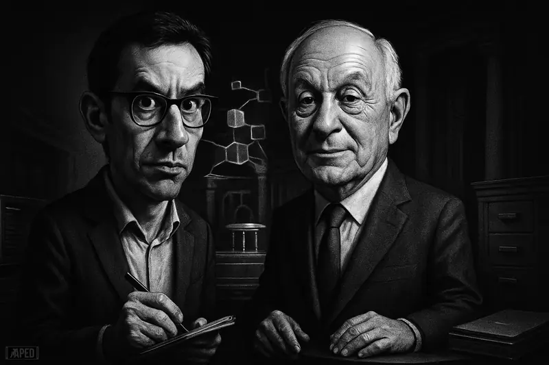 Two French finance figures stand on a dark blockchain trading floor, surrounded by institutional market elements in a dramatic grayscale scene.