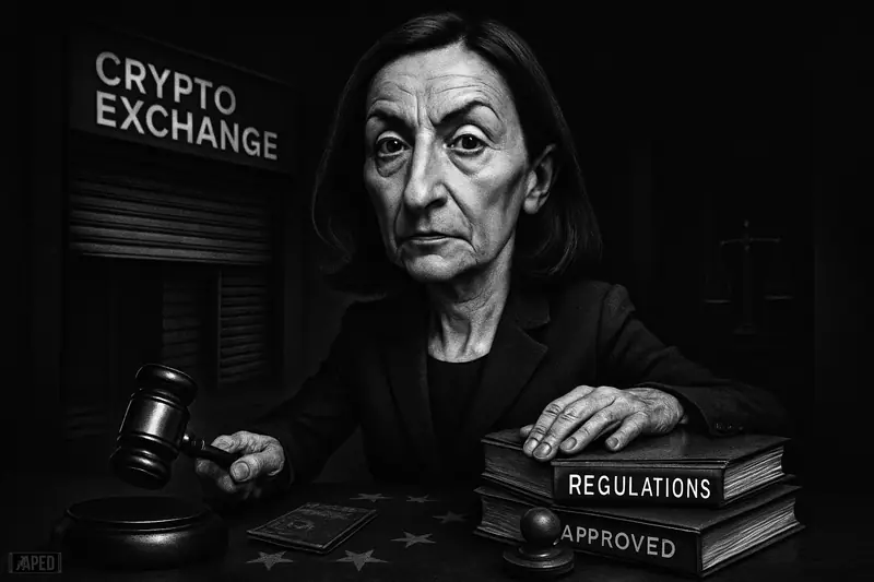 Marie-Anne Barbat-Layani dominates a dark regulatory scene, lowering a gavel as compliance files, justice symbols, and closing office shutters suggest a hard crypto deadline.