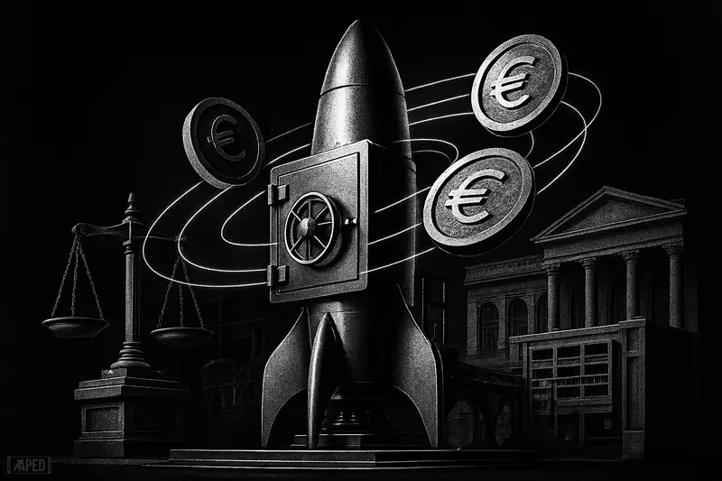 A grayscale aerospace launch platform fused with a trading floor, surrounded by tokenized securities, regulatory scales, and dark blockchain market imagery.