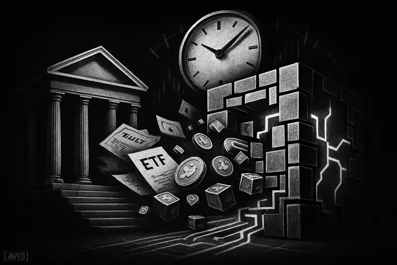 A stone temple vault merges with a futuristic onchain gateway, as paper securities transform into tokens beneath a numeral-free spinning clock.