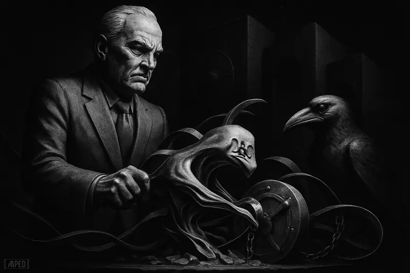 A stone investment titan absorbs a liquid-metal creature as a raven watches, with shadowy financial monoliths behind in a dark grayscale scene.