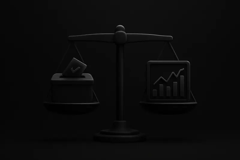 Matte-black balance scale holding a glowing ballot symbol and a neon market chart, with faint data grids in the background.
