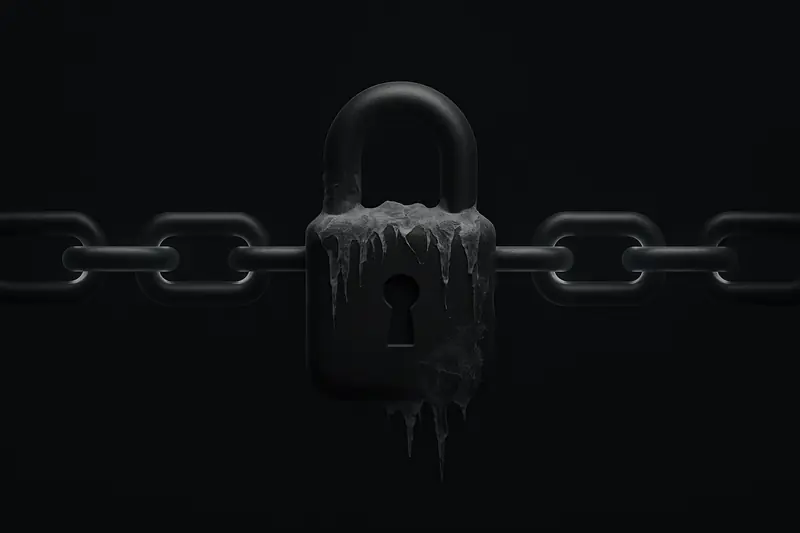 Neon-blue chain of linked blocks spirals into a frost-covered padlock, with scattered glowing coins on a dark background.