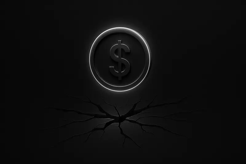 On a black background, a luminous dollar-like coin halo hovers above cracked glass, casting sharp neon reflections and shadows.