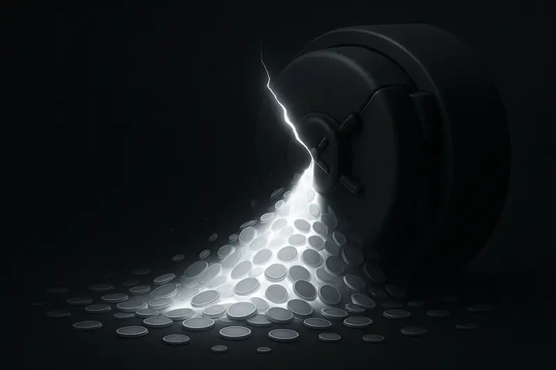 A shattered black vault door spills bright gold coins and neon particles into a dark, smoky void.