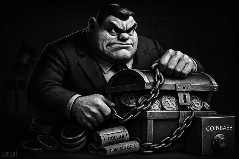 A grayscale corporate mascot guards a chained bitcoin chest beside a vault terminal in a dark, moody financial scene.