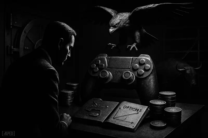 A grayscale corporate vault scene with a giant game controller, treasury assets, and a hovering mechanical hawk implying a cautious Bitcoin options strategy.