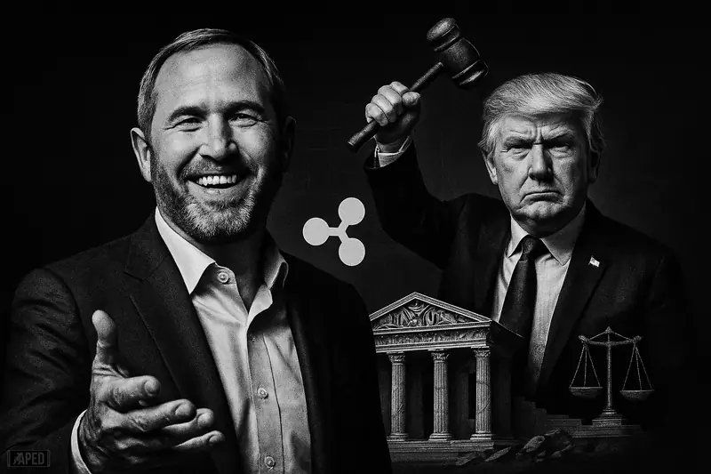 Brad Garlinghouse and Donald Trump stand in a dark Washington scene as a gavel breaks regulatory symbols behind them.
