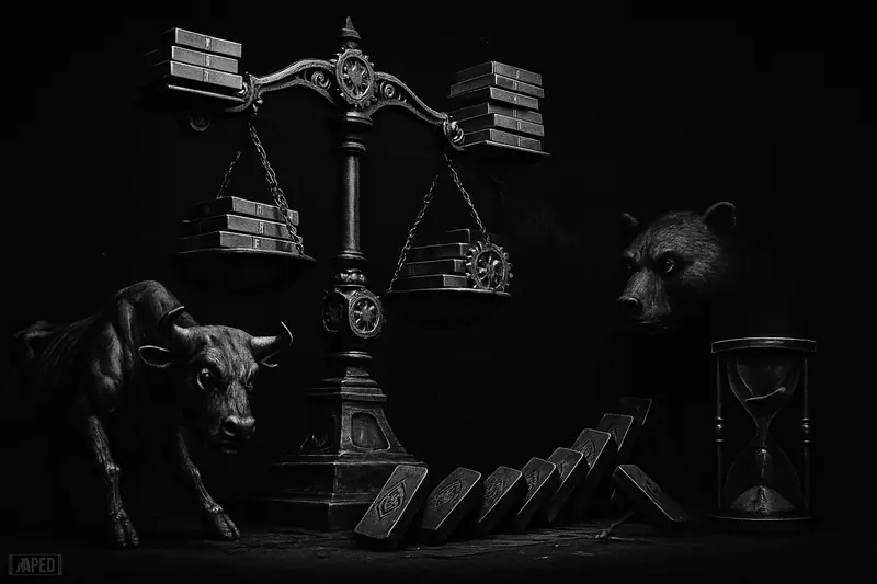 A strained five-armed trading machine tilts under heavy loads while metallic bull and bear figures loom in a dark grayscale market scene.