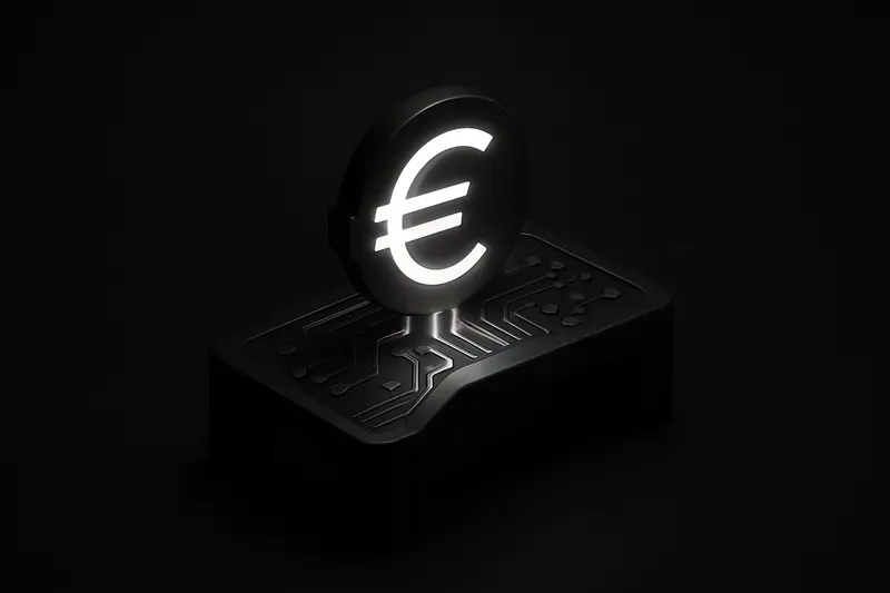 Glowing euro symbol fused into a sleek circuit bridge over dark ocean, with faint grid lines and metallic halos.
