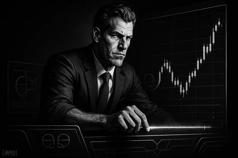 Caricature of Cameron Winklevoss dragging an order line across a trading screen at a sleek desk in a dark grayscale scene.