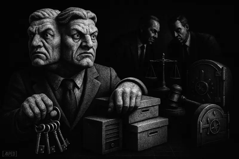 Twin-faced grayscale guardians protect keys, files, and servers as shadowy buyers inspect regulatory symbols in a dark financial scene.