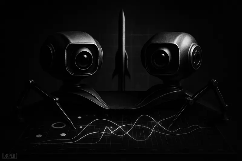 Twin metallic AI consoles loom over a glowing prediction dashboard, with a rocket silhouette behind them in a dark grayscale data-grid scene.