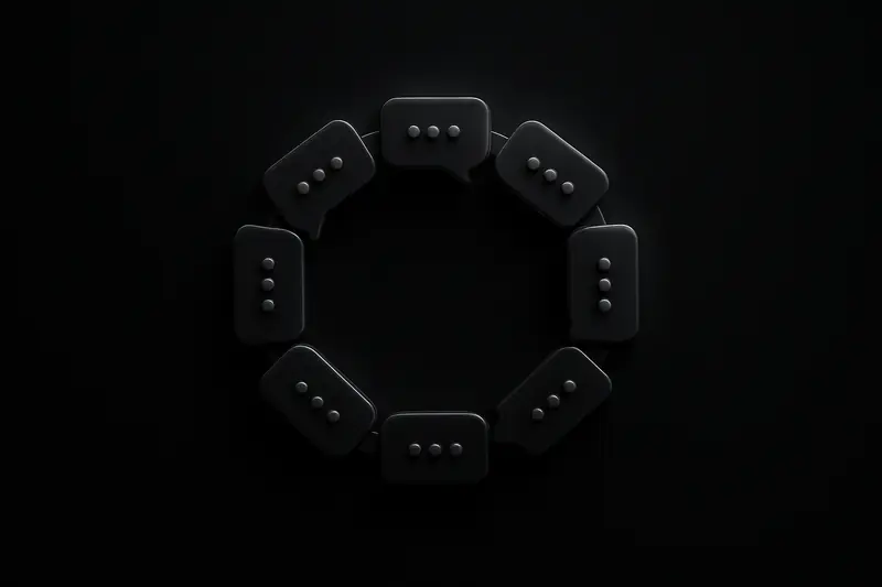 Neon chat bubbles linked like a chain, forming a circular coin shape over a dark, futuristic background with subtle circuit lines.