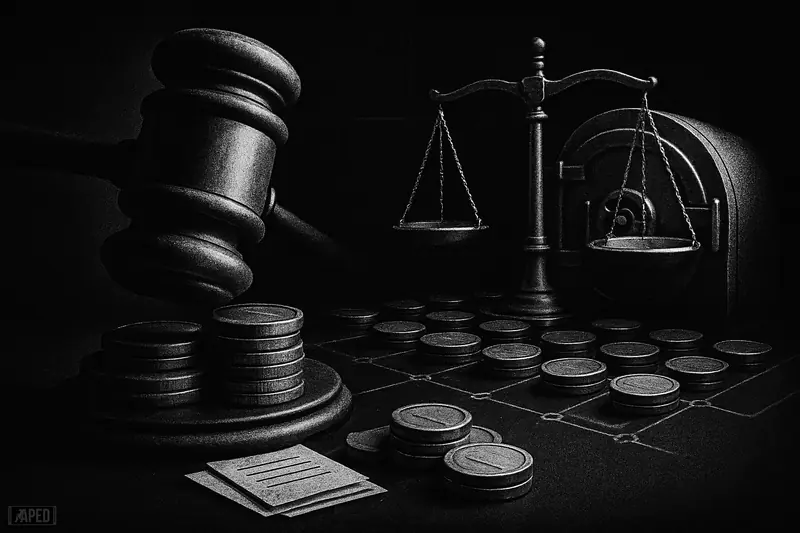 A massive gavel and scales dominate a dark Treasury chamber above metallic payment tokens, papers, and a partly open vault.