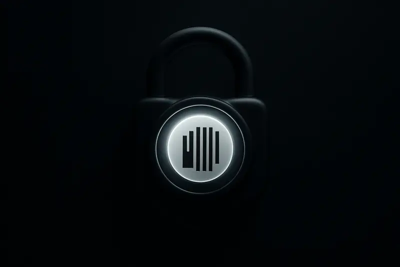 A glowing digital coin dissolves into barcode lines inside a dark padlock, with faint circuit traces on black background.