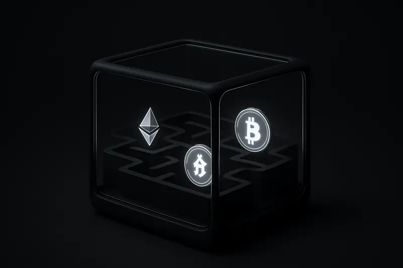 A dark glass terrarium containing glowing coin-like tokens moving through a maze, with subtle circuit lines on a black background.