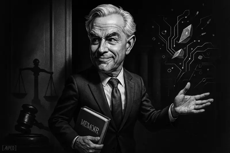 Chris Giancarlo strides from a dark law-office setting toward futuristic crypto and AI symbols, surrounded by shadowy regulatory imagery in grayscale.