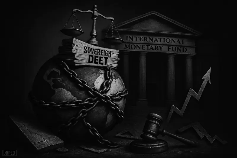 A chained globe buckles under debt machinery and rate spikes before a dark institutional vault on a nearly black financial grid.