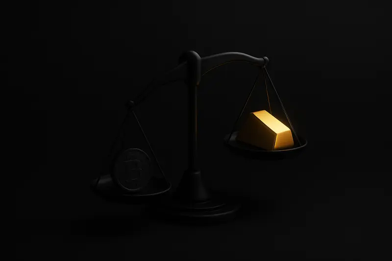 On a black background, a glowing gold bar outweighs a dim metallic coin on a tilted balance scale.