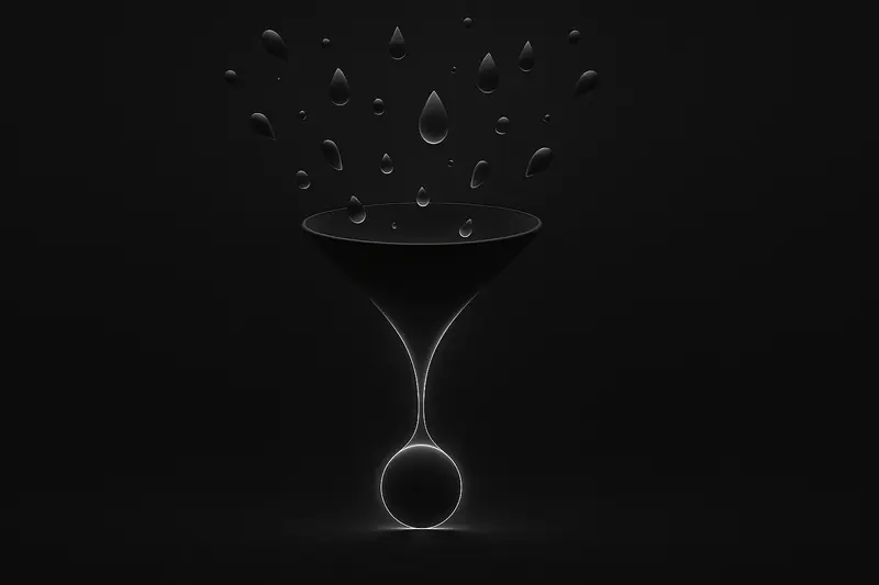 On a black background, scattered neon droplets are pulled into a central glowing funnel above a bright crystalline core.