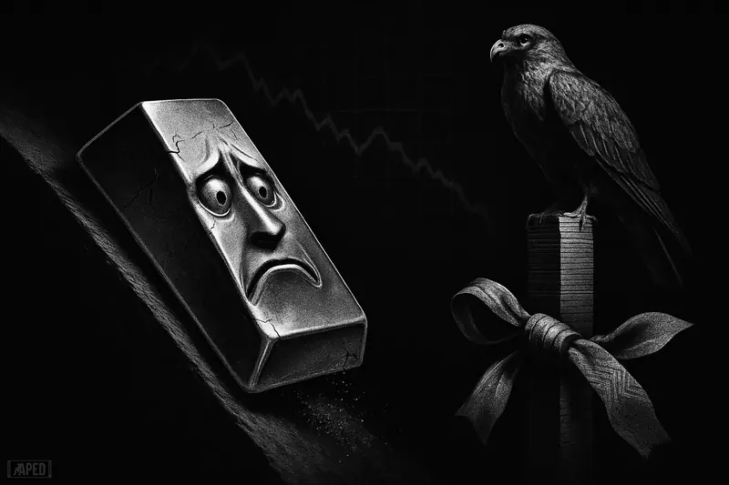 A cracked gold bar slumps down a dark ledge as a hawk watches from rising slabs; tension knot loosens against a data grid.