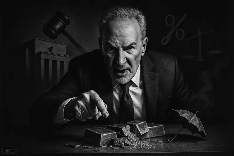 Peter Schiff caricature in a dark studio, angrily gesturing over shattered gold bars as Fed symbols loom behind in grayscale.