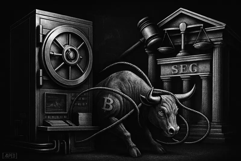 A vault-like Wall Street machine and courthouse symbols frame a restrained mechanical bull in a dark grayscale financial scene.