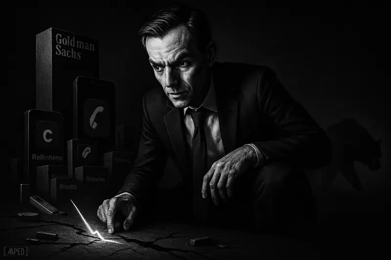 James Yaro studies a cracked market floor as brokerage and crypto finance symbols rise from dark selloff wreckage in grayscale.