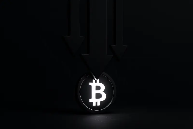 Glowing gold coin hovering on a black background, pierced by several matte-black downward arrows with faint market grid lines.