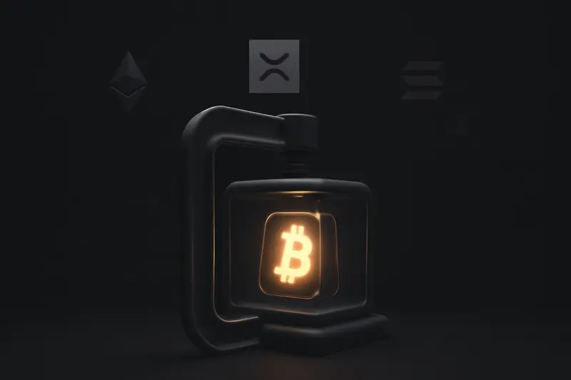 Glowing neon coin trapped in a dark glass cube, held down by a metallic clamp against a black background