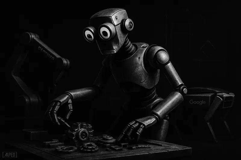 A grayscale futuristic factory scene with an intelligent humanoid robot carefully handling parts, surrounded by advanced machines in dramatic shadowy lighting.