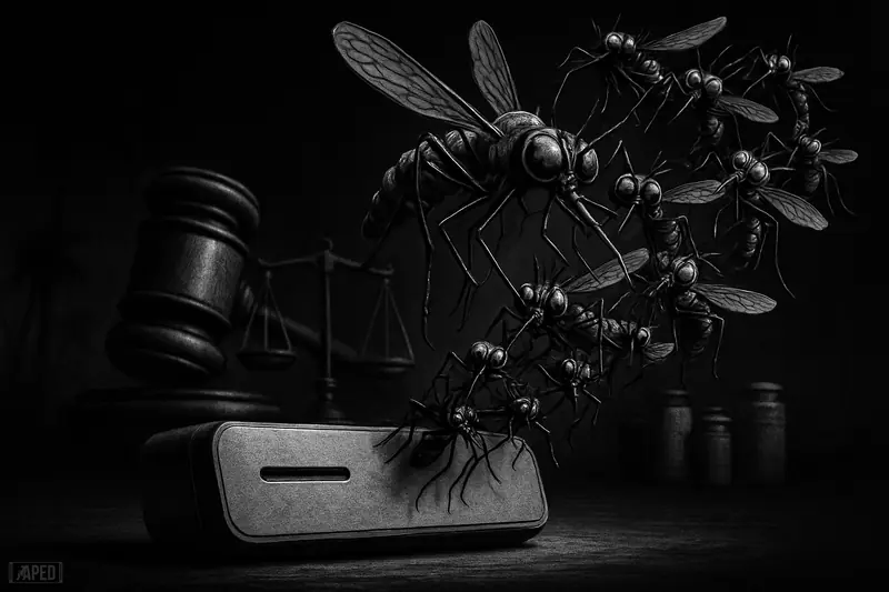 A dark grayscale scene shows a biotech device releasing a dramatic swarm of realistic mosquitoes over shadowy Florida wetlands and regulatory symbols.