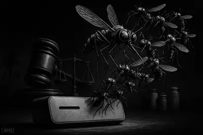 A dark grayscale scene shows a biotech device releasing a dramatic swarm of realistic mosquitoes over shadowy Florida wetlands and regulatory symbols.