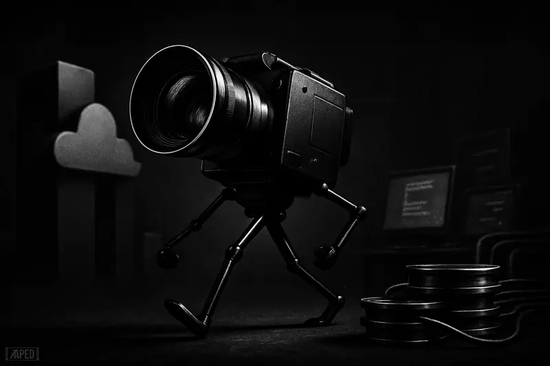 A monochrome futuristic camera-machine stands heroically among servers and film reels in a dark data-grid studio, symbolizing cheaper AI video generation.