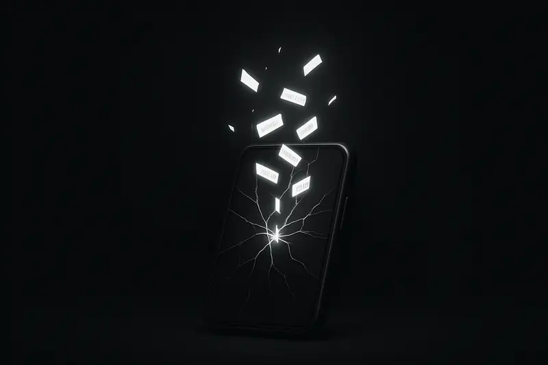 A shattered smartphone on a black background, emitting thin neon streams and floating glowing shard-like fragments from its screen.