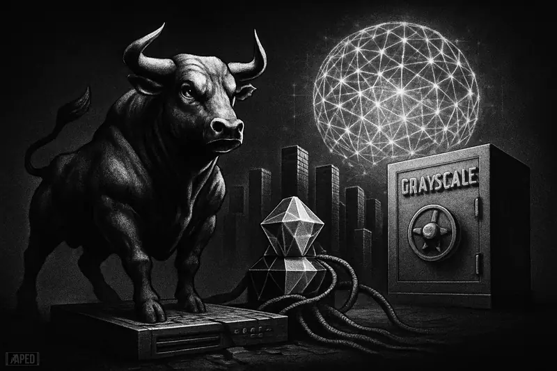 A monochrome bull guards a decentralized AI machine as network towers feed a massive neural lattice in a dark cinematic scene.